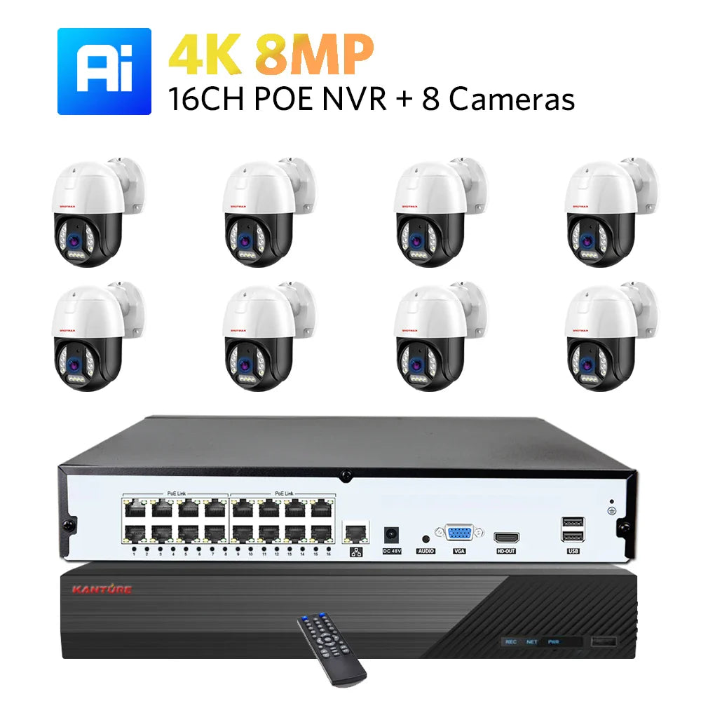 XMEYE 16CH POE NVR Kit 4K PTZ Security Camera System 8MP Ai Face Detect Two Way Audio Waterproof Colorfull Night Vision Camera