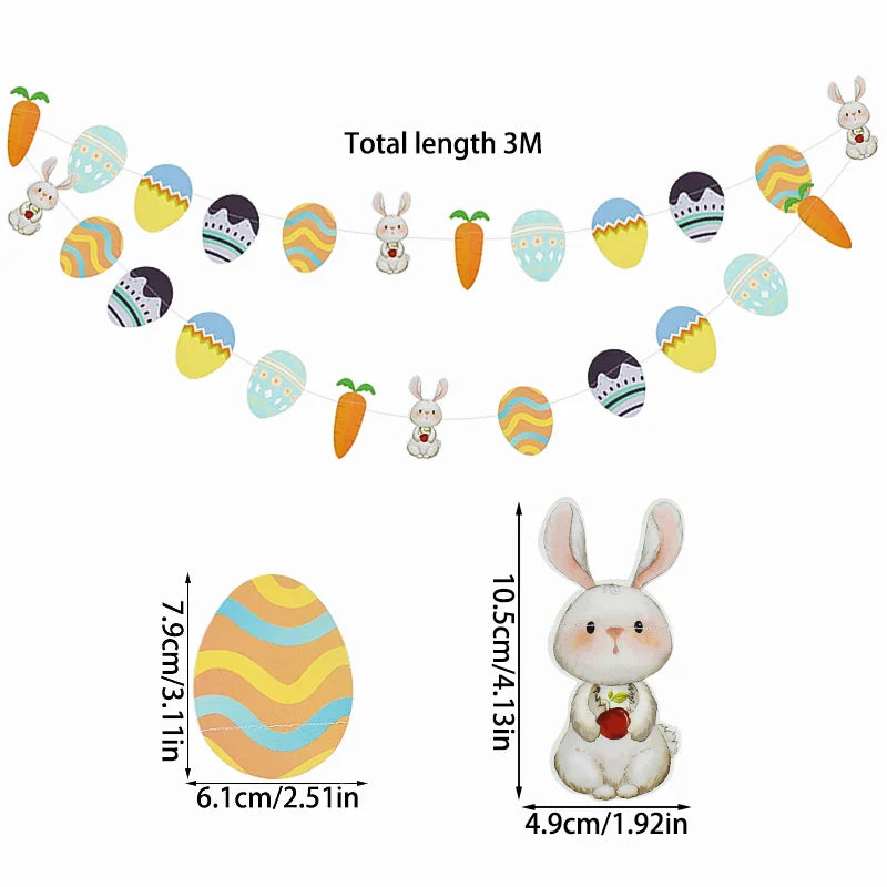 3M Happy Easter Banner Rabbit Carrot Egg Cartoon Bunny Garland Wall Hanging Bunting Flag Easter Party Decoration For Home