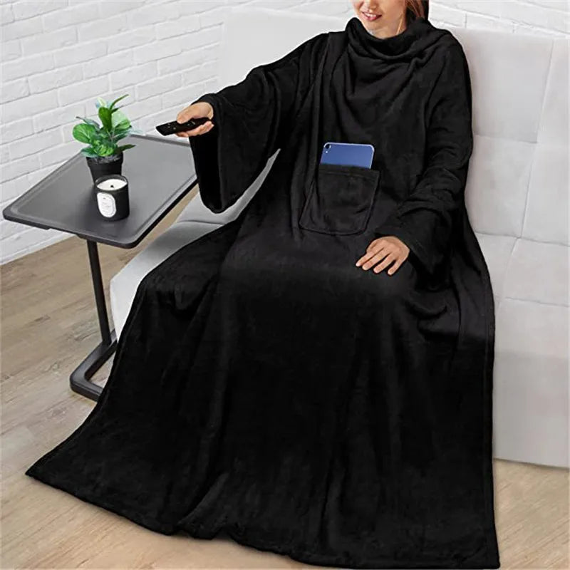 TV Sofa Blanket With Sleeve Flannel Home Wearable Blankets Men Women Multifunctional Lazy Blanket Winter Blue Adult Nap Blanket