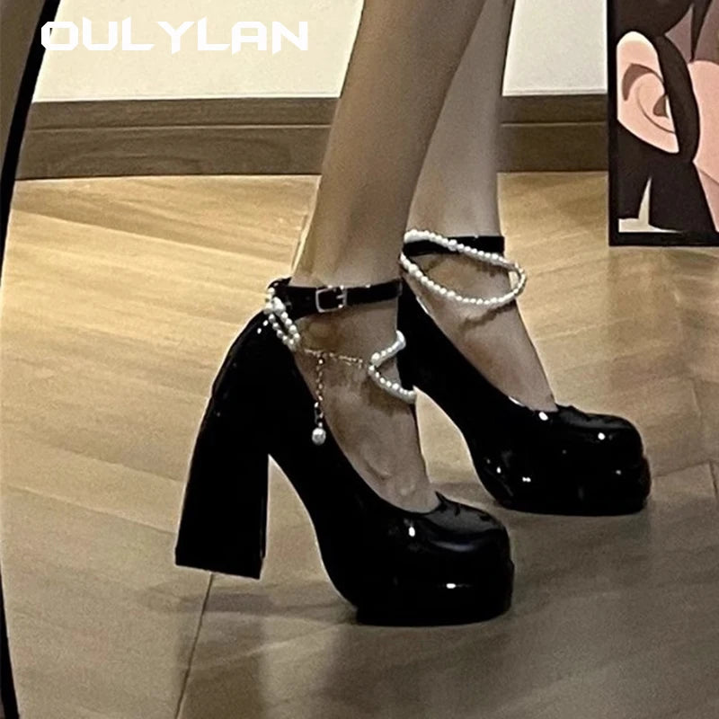 Oulylan New Ladies High Heels Elegant Toe Black High Heels Fashion Thick Heel Wedding Party Pearl Lace Wedding Shoe - Premium  from Lizard Vigilante - Just $37.99! Shop now at Lizard Vigilante