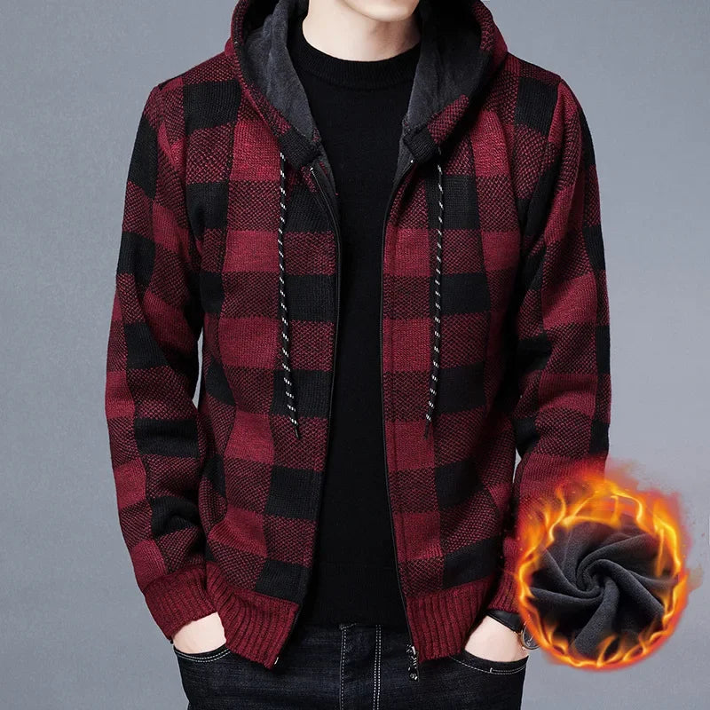 Men's Luxury Checkered Knit Hooded Cardigan – High-Quality Fleece Winter Sweater Jacket with Zipper Closure - Premium cardigan sweater from Lizard Vigilante - Just $46.66! Shop now at Lizard Vigilante