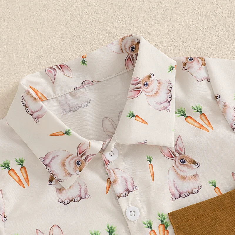 Toddler Easter Clothing Set with Short Sleeve Lapel Bunny Carrot Print Shirt and Solid Color Shorts - Adorable Boy s Easter