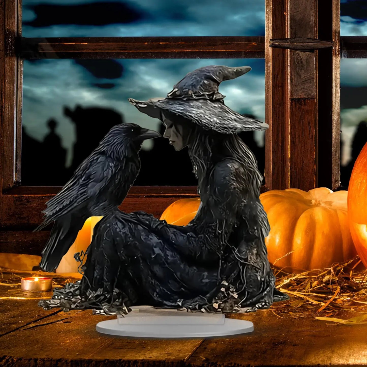 Halloween Desk Decor 2D Acrylic Indoor Tabletop Sign Gothic Witch Crow Ornament for Halloween Dorm Nightstand Studio Shelf