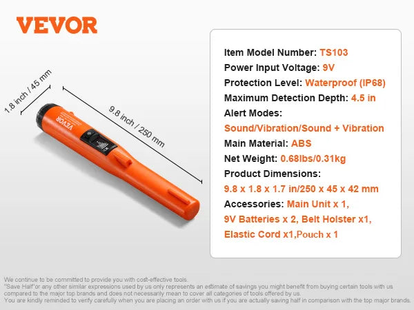 VEVOR Metal Detector Pinpointer - Waterproof Handheld Wand with 1.96"/4.5" Detection Depth & 3 Modes - Premium metal detector from Lizard Vigilante - Just $52.99! Shop now at Lizard Vigilante