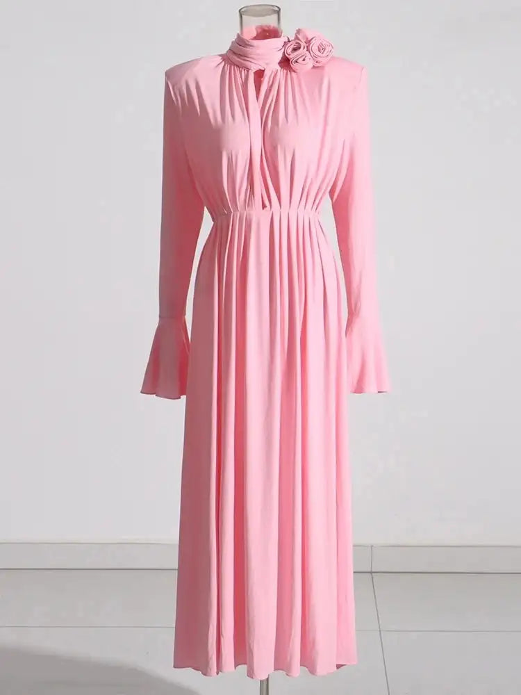 Solid Patchwork Appliques Dresses For Women Half High Collar Flare Sleeve High Waist Elegant Long Dress Female Fashion New