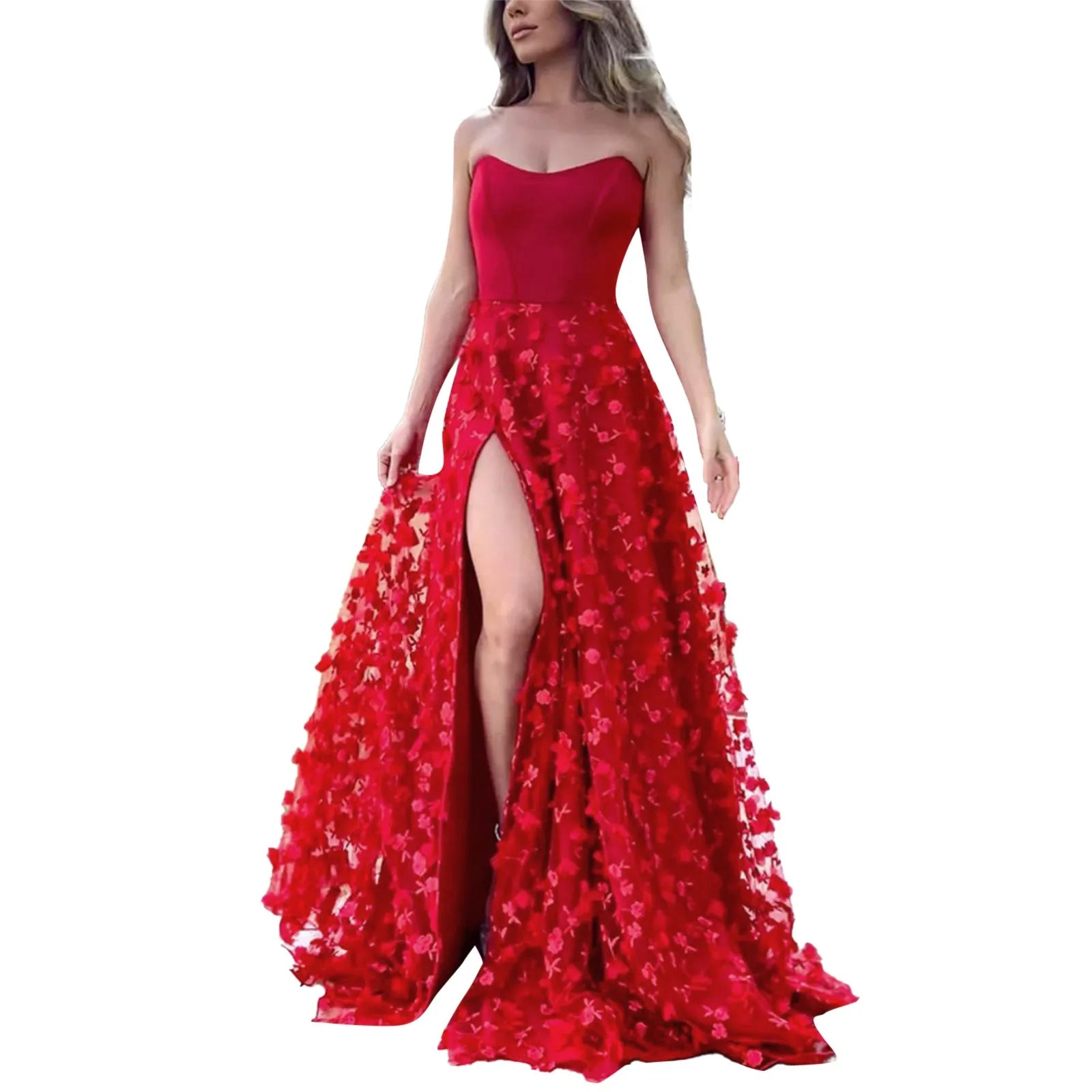 Elegant Floral Feather Strapless Wedding Dress | Sexy Long A-Line Tassel Gown for Evening, Prom, and Formal Events - Premium wedding dress from Lizard Vigilante - Just $43.88! Shop now at Lizard Vigilante