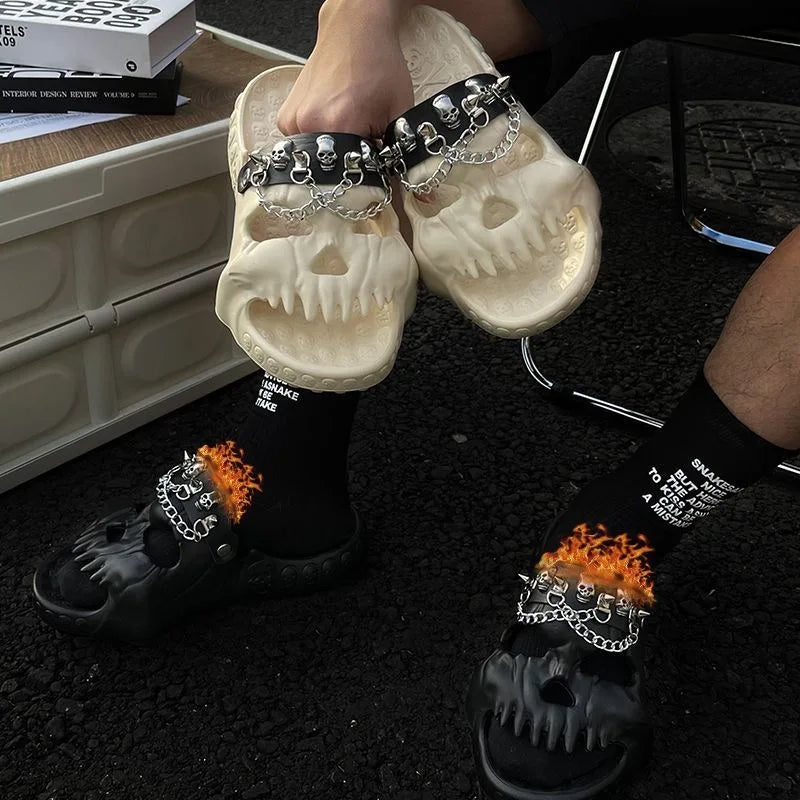 Studded Chain Decoration Skull Design Sandals Shoes Summer Outdoor Novelty Slides Thick Sole Male Sandals - Premium slippers from Lizard Vigilante - Just $39.99! Shop now at Lizard Vigilante