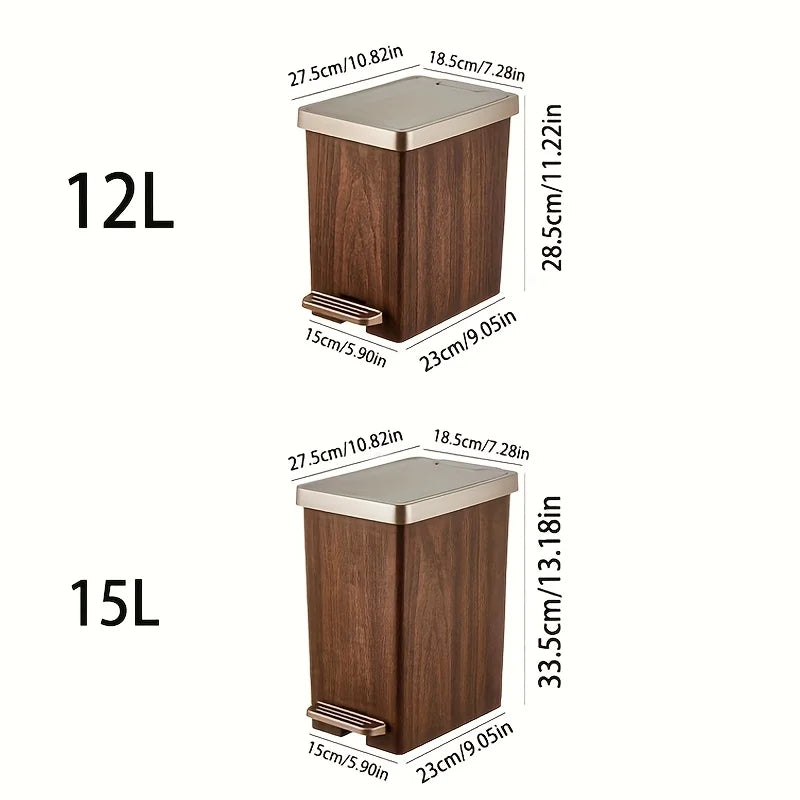 Large Capacity Trash Can，Elegant Wood Grain Design。Durable Plastic，Mute off，Save Space。Suitable for Kitchen、Bathroom、Office、Bedr