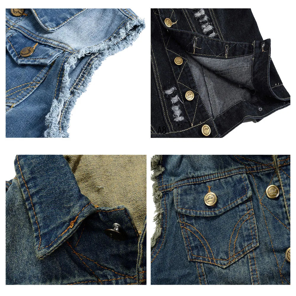 FALIZA New Men's Denim Vest - Ripped Sleeveless Jeans Jacket - Premium denim vest from Lizard Vigilante - Just $42.88! Shop now at Lizard Vigilante