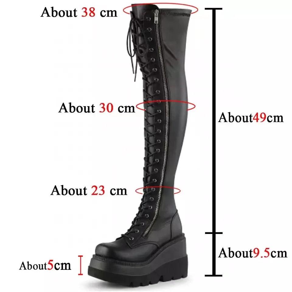 Gothic Thigh High Boots Women Platform Wedges Long Motorcycle Boot Over The Knee Army Stripper Heels Punk Rock Lace-up Belt Buckle - Lizard Vigilante