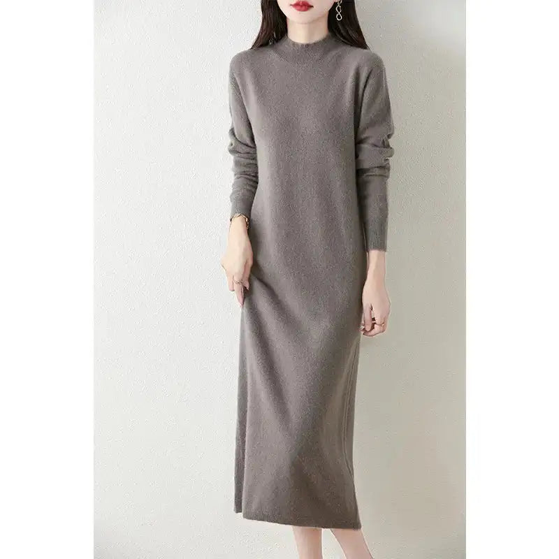 Autumn Winter Women's Wool Long Dress Cashmere Mock Neck Pullover Sweater 100% Merino Wool Soft Knitwear OL Simple Basic Dress