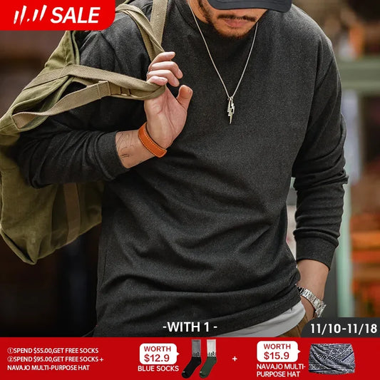 Maden Men's Autumn Top American Casual Heavyweight T-shirt Warm Inner Long Sleeve Sweater Underlay - Premium  from Lizard Vigilante - Just $48.99! Shop now at Lizard Vigilante