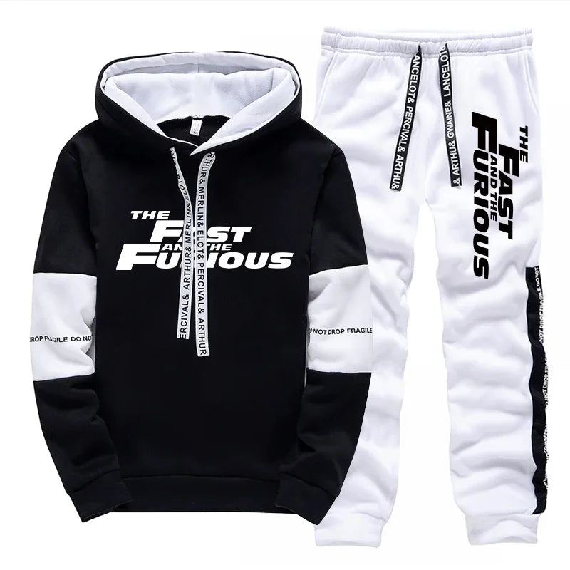 Harajuku Patchwork Fleece Tracksuit – Hooded Sweatshirt And Joggers Streetwear Set For Men Autumn Winter Daily Casual