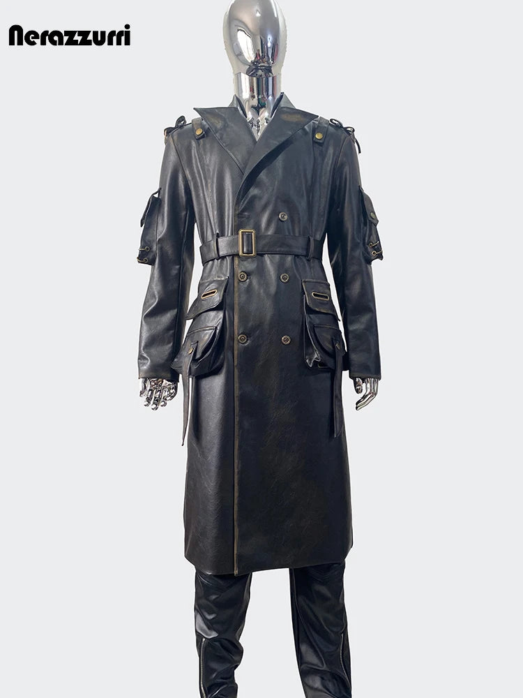 Nerazzurri Men’s Long Distressed PU Leather Trench Coat – Waterproof, Belted Punk Style for Spring & Autumn - Premium trench coat from Lizard Vigilante - Just $148.88! Shop now at Lizard Vigilante