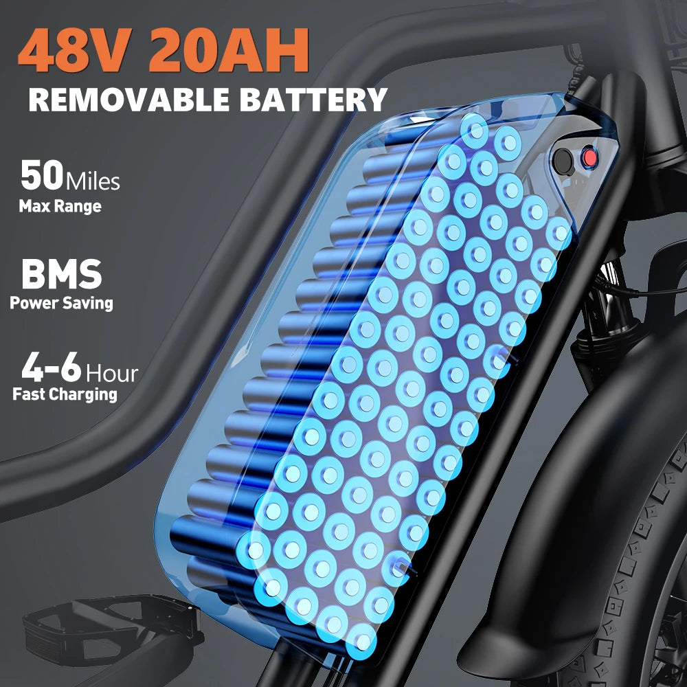 Electric Bike for Adults，20'' 1500W Peak Ebike, Up to 50 Miles 32MPH Electric Mountain Bike with 48V 20AH Removable Battery