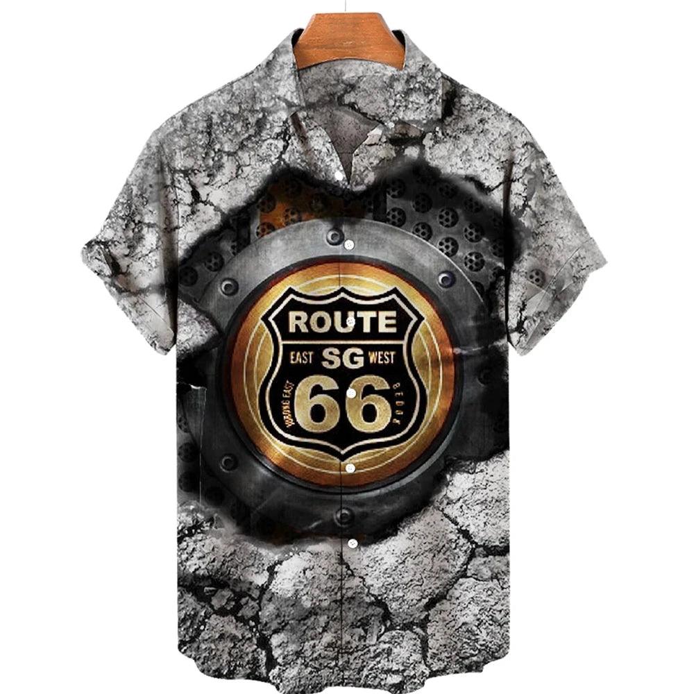 Hawaiian T-shirt Men's Shirts Route 66 Motorcycle Lapel Summer Short Sleeve American 66 Route Printed Shirt for Men Button Blouse Male Clothing - Lizard Vigilante