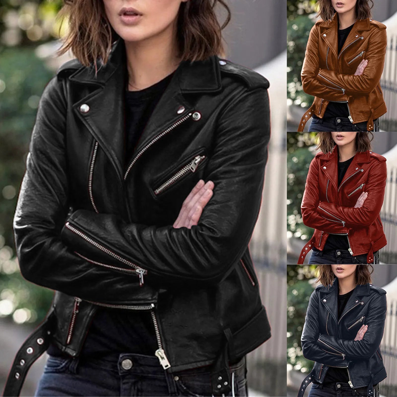 Women Plus Size PU Leather Jackets Slim Fit Zipper Up Spring Autumn Moto Biker Bomber Jacket Drawstring Retro Women Coats S-5XL - Premium  from Lizard Vigilante - Just $32.99! Shop now at Lizard Vigilante