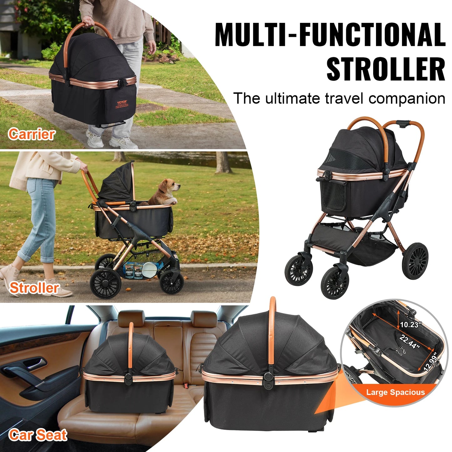 VEVOR 66 lbs Pet Stroller Foldable Dog Puppy Stroller with Brakes Storage Basket Detachable Carrier for Small to Medium Dogs - Premium  from Lizard Vigilante - Just $229.99! Shop now at Lizard Vigilante