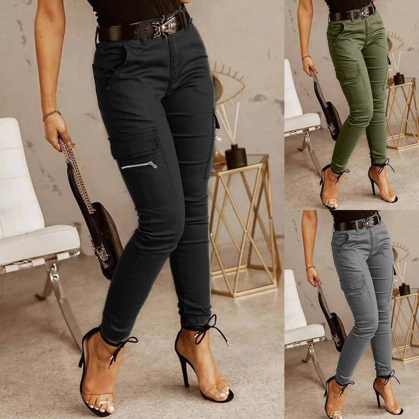 Women's Plus Size High-Waist Cargo Pants – Solid Zipper Pocket Design, Full-Length Casual Wide-Leg Pants for Everyday Comfort - Premium cargo pants from Lizard Vigilante - Just $38.88! Shop now at Lizard Vigilante