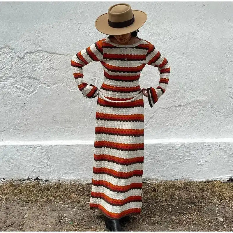 Striped Knitted Long Dress Women O-neck Backless Hollowed Out Long Sleeves Lady Bodycon Dress 2024 Spring Summer Vacation Robe