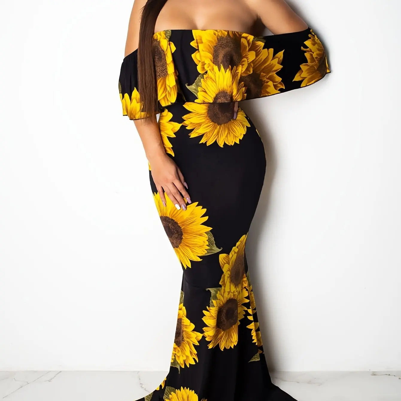 Women Rose Sunflower Floral Print Strapless Sexy Bodycon Slash Neck Off Shoulder Short Sleeve Polyester Floor Length Maxi Dress - Premium  from Lizard Vigilante - Just $51.99! Shop now at Lizard Vigilante