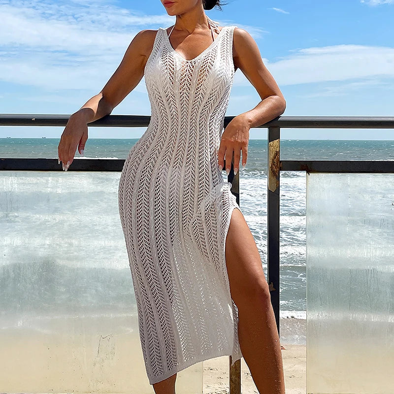 2024 Summer Chic Hollow Out Knitted Maxi Dress – Sexy Sleeveless Beach Cover-Up for Vacation - Premium beach cover up dresses from dsers - Just $38.88! Shop now at Lizard Vigilante