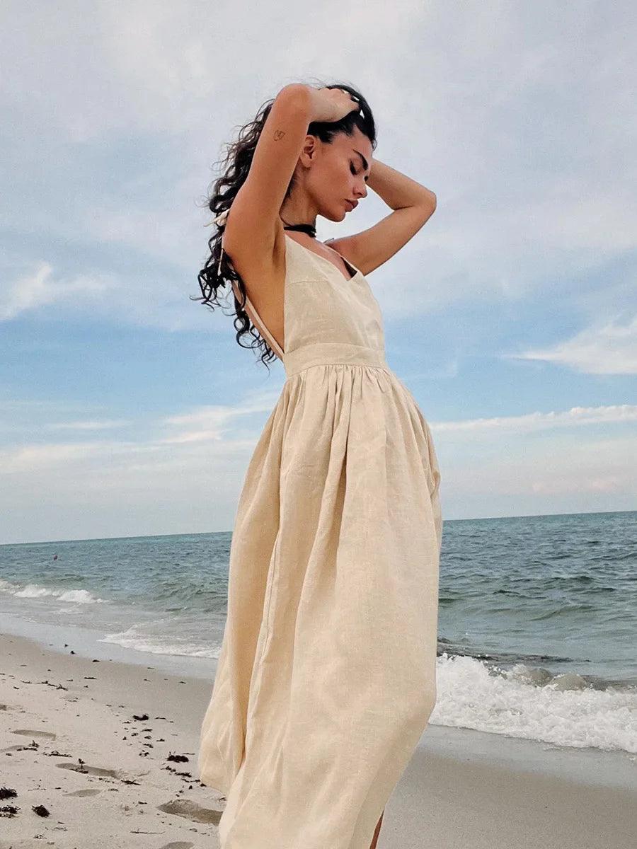 Spring Summer Beach Style Women Dress Vintage Loose A-line Sling Dress Hot Girl 100% Cotton V-neck Dress - Lizard Vigilante