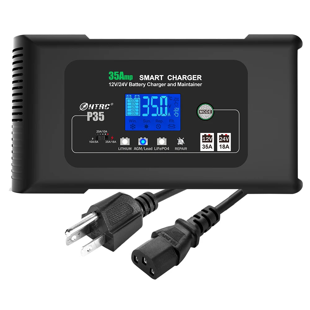 HTRC 35A 12V/24V Car Battery Charger – Smart LCD Display for Auto, Truck, and Motorcycle Batteries - Premium battery charger from Lizard Vigilante - Just $168.88! Shop now at Lizard Vigilante