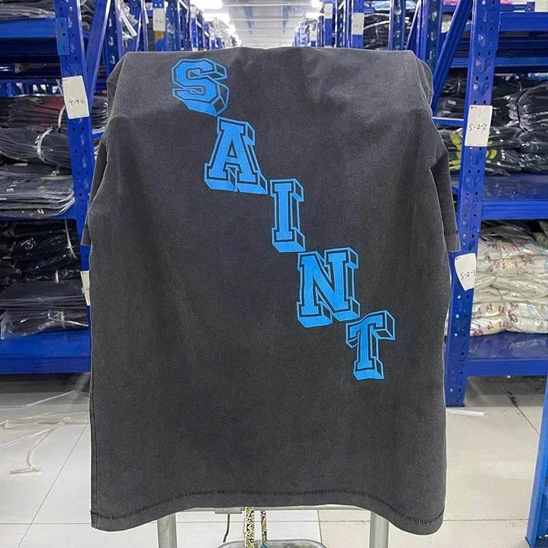 Men Women High Street Vintage Washed Black T-Shirt Top Quality Cototn TEE 3D Cracked Letters Logo Print Saint T Shirt With Tags - Premium  from Lizard Vigilante - Just $64.99! Shop now at Lizard Vigilante