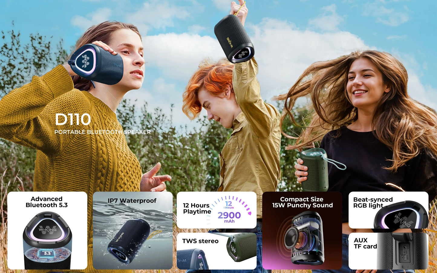 Bluetooth Speaker with LED Display Heavy Bass and 15W Power Waterproof IPX7 for Outdoor Parties