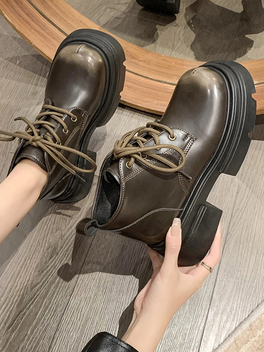 Women’s Lace-Up Ankle Boots – Med Hoof Heel Lolita Rock Round Toe PU Leather Winter Footwear | Solid Rubber Sole, Handmade Classic Street Style - Premium boot from dsers - Just $96.66! Shop now at Lizard Vigilante