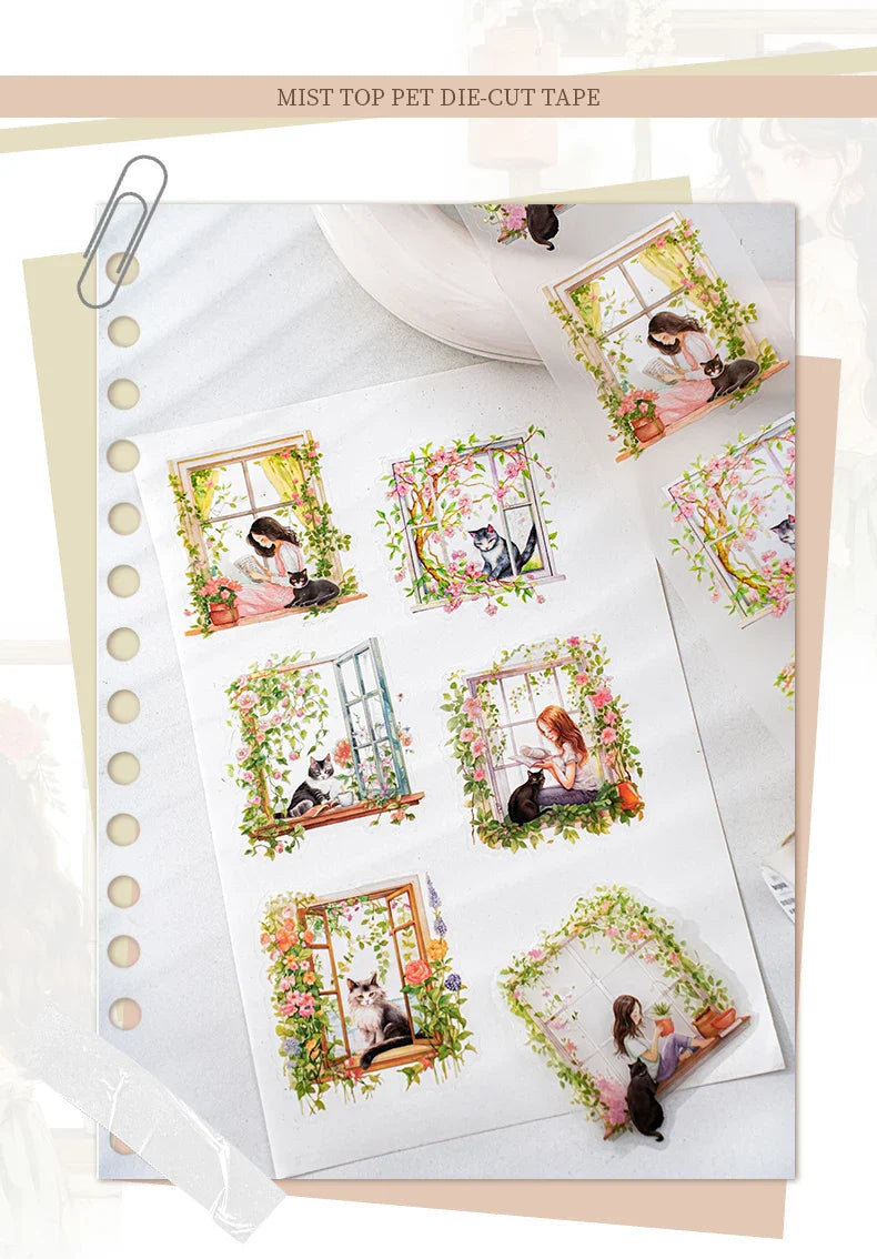 1roll Tape Weekend Window Sill Series Leisure Character Window PET Tape Decoration Notebook Photo Frame Stationery DIY Stickers