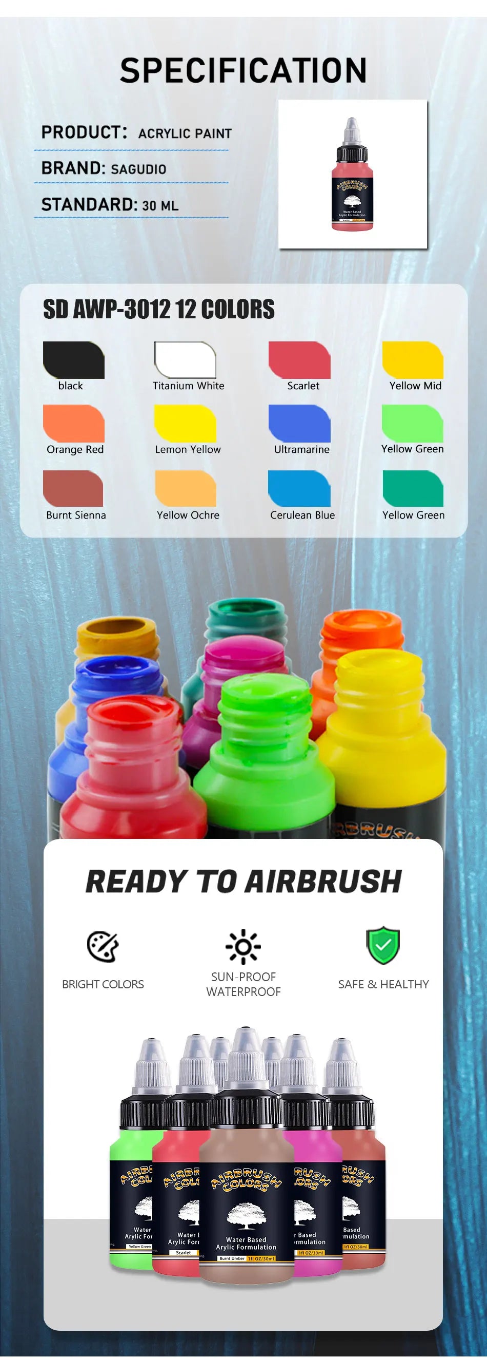 SAGUDIO 12-Color Airbrush Acrylic Paint Set 30ml Bottles Water-Based Waterproof Quick-Dry for Models, Shoes, Wood, Fabric, Leather - Premium paint from dsers - Just $83.38! Shop now at Lizard Vigilante