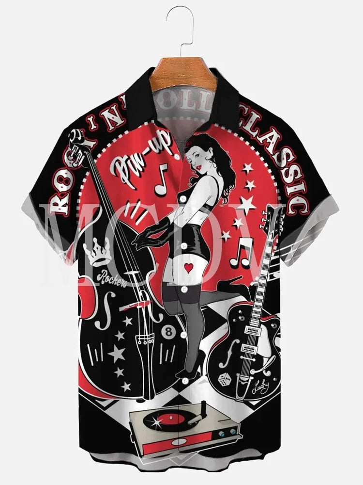 Men's Rockabilly Vintage Rocker Rock N Roll Printed Casual Breathable Short Sleeve Hawaiian Shirt - Premium  from Lizard Vigilante - Just $20.99! Shop now at Lizard Vigilante