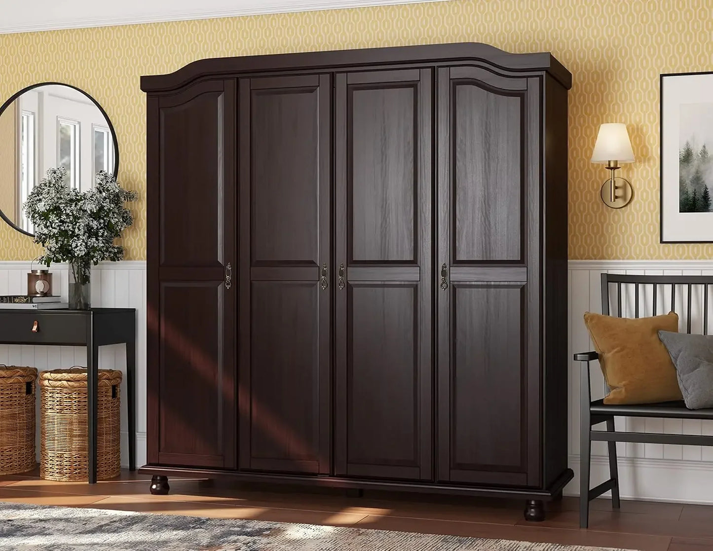 4-Door Freestanding Wardrobe Armoire Closet with Raised Panel Doors - Eco-Friendly Pine Wood, Modern Mocha Finish - Premium Armoire from Lizard Vigilante - Just $988.88! Shop now at Lizard Vigilante