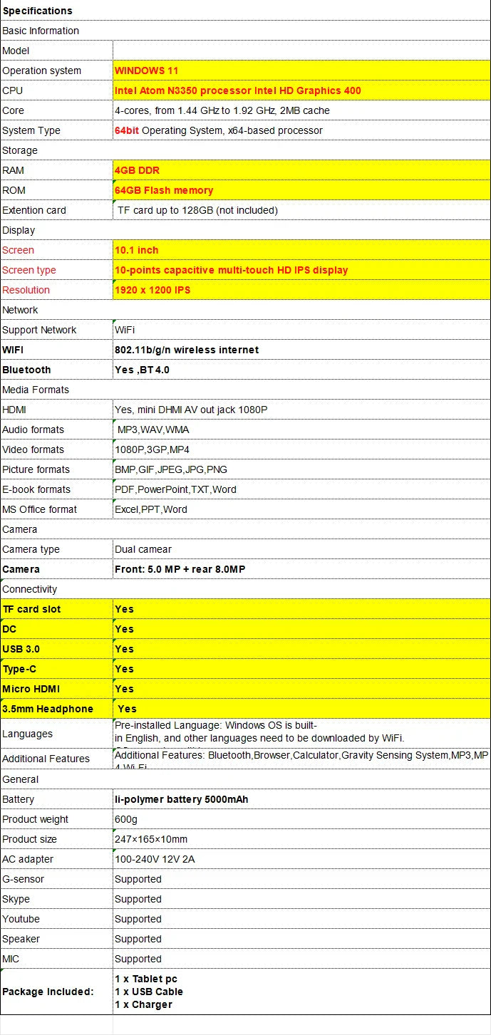 WINDOWS 11 Tablet PC 10.1 INCH 4GB DDR RAM 64GB ROM N3350 CPU 1920 x 1200 IPS Screen WIFI  Quad Core Dual Camera HDMI-Compatible