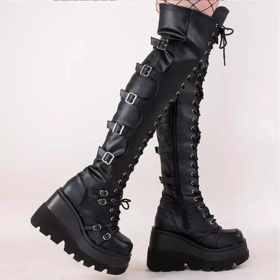 Gothic Thigh High Boots Women Platform Wedges Long Motorcycle Boot Over The Knee Army Stripper Heels Punk Rock Lace-up Belt Buckle - Lizard Vigilante