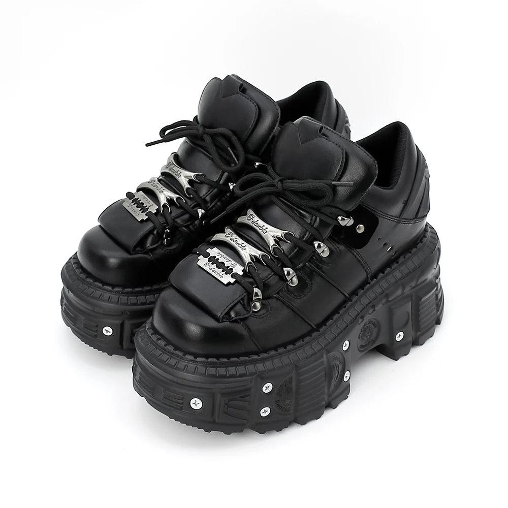 New Women Shoes Punk Style Lace-up Heel Height 6CM Platform Shoes Woman Gothic Ankle Rock Boots Metal Decor Woman Sneakers - Lizard Vigilante