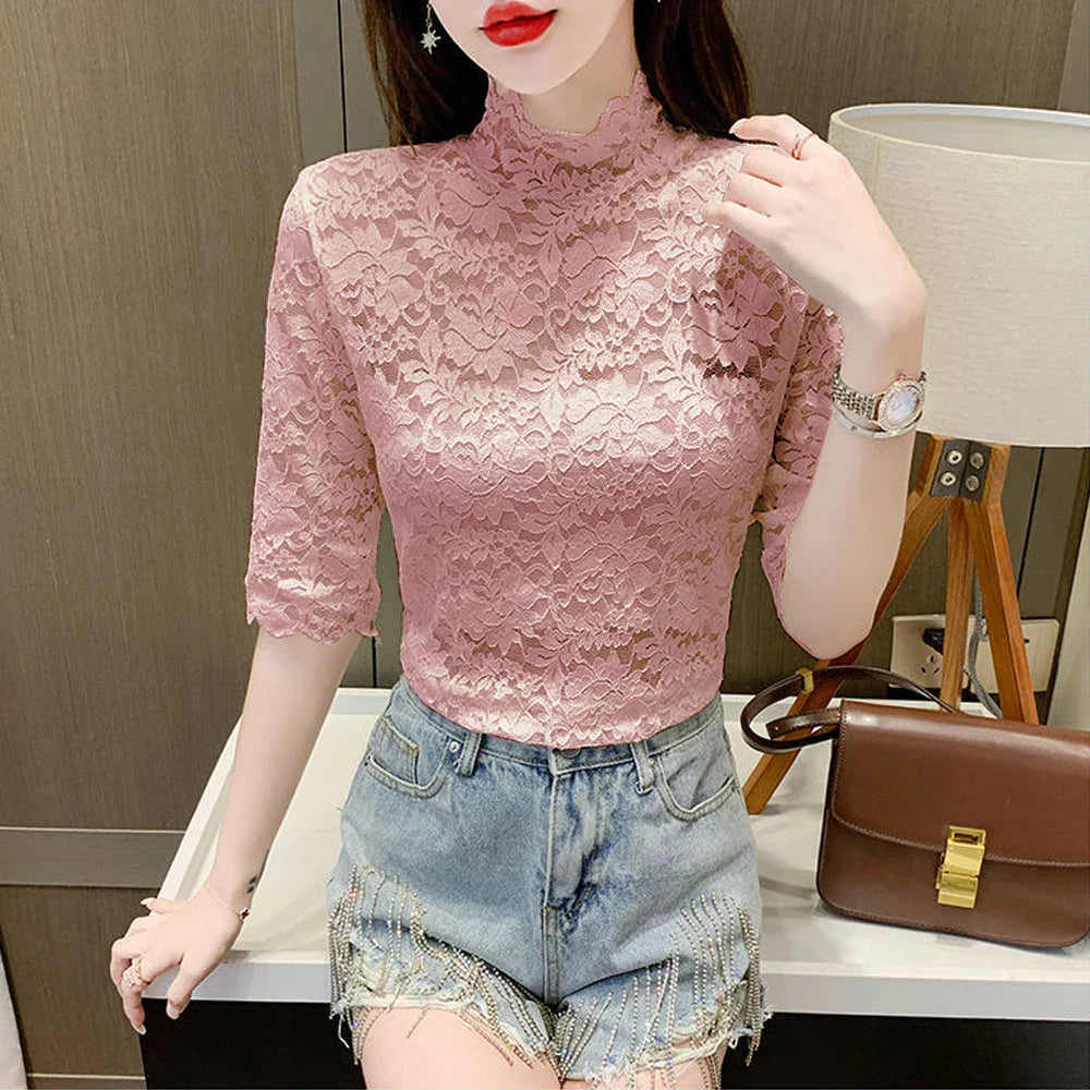 Women Stretch Turtleneck Petal Sleeve Shirt Women Blue Green White Black Flowers Lace T Shirt Ladies S-2XL Tops Fashion Ladies - Premium  from Lizard Vigilante - Just $6.99! Shop now at Lizard Vigilante