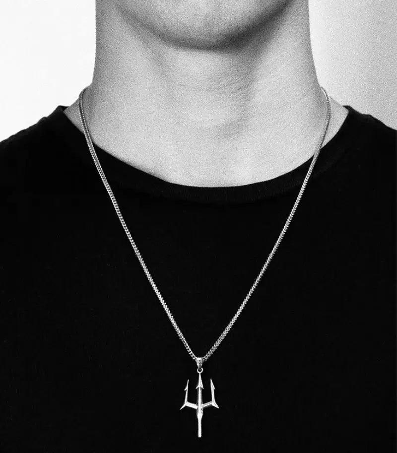 Fashionable Neptune Poseidon Trident Metal Pendant Necklace Men's Biker Gothic Rock Motorcycle Fashion Jewelry Gift - Lizard Vigilante