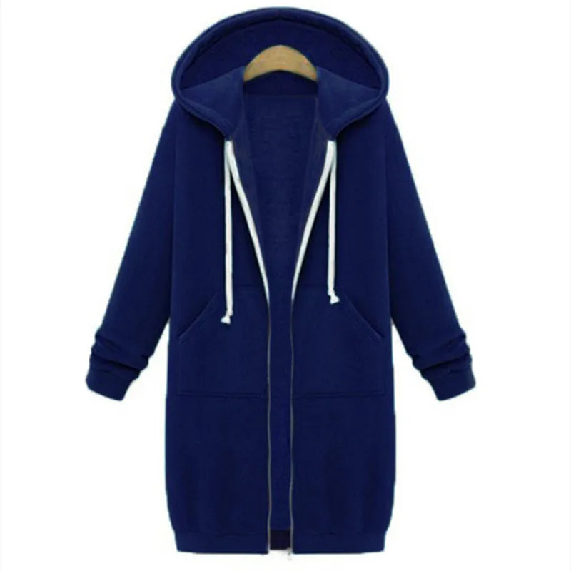 Women’s Long Hooded Sweatshirt Thick Loose Solid Color Pocket Coat Autumn Winter Fashion Hoodie
