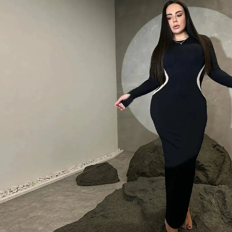 Hawthaw Women 2023 Autumn Winter Long Sleeve Party Club Streetwear Bodycon Black Long Dress Wholesale Items For Business