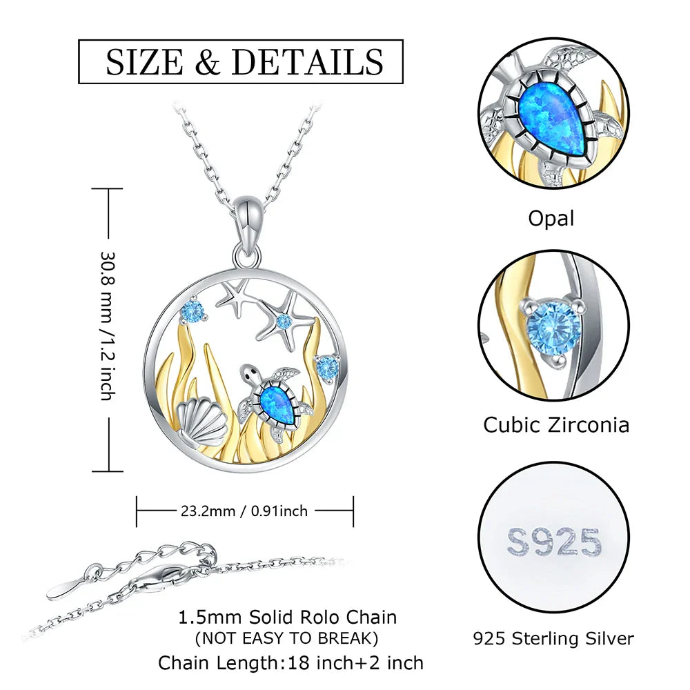 925 Sterling Silver Opal Sea Turtle Starfish Necklace Ocean Beach Necklace Mother Daughter Pendant Animal Jewelry Gift for Women