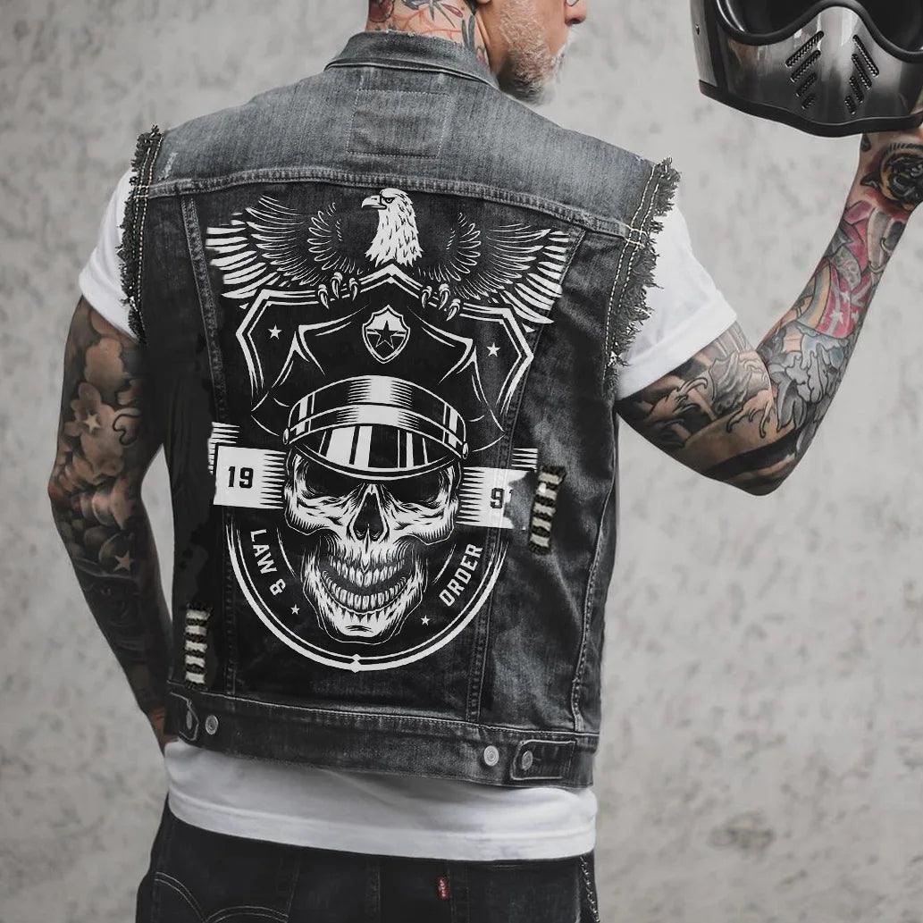 Street Motorcycle Show Winged Eagle Printing Casual Heavy Craftsmanship Worn Out Washed Men's Denim - Lizard Vigilante