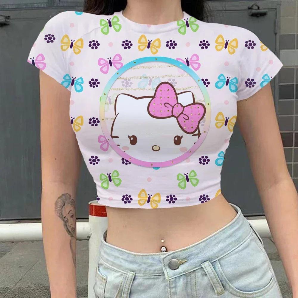 Kawaii Print Hello Kitty Y2K Crop Top | Slim Fit Women's Summer Party T-Shirt - Premium T-Shirts from Lizard Vigilante - Just $23.99! Shop now at Lizard Vigilante