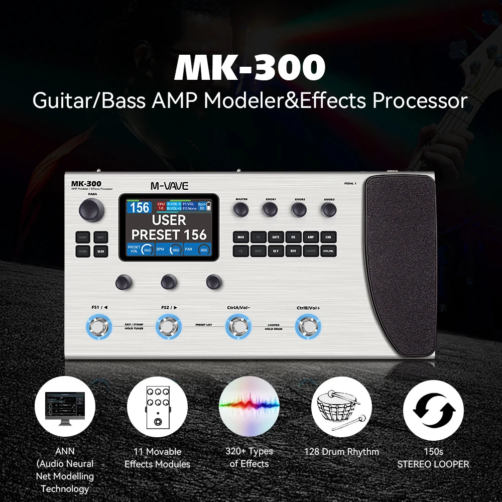 M-VAVE MK-300 Neural Guitar Multi-Effect Beast – 120 Amps, 360 FX, 10h Battery, Stereo Looper & Drum Arsenal