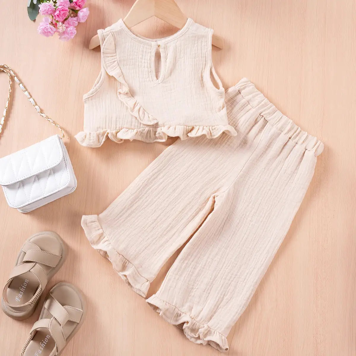 Summer Kids Cotton Casual 2pcs Toddler Girls Solid Color Sleeveless Top + Ruffle Pants Set Comfortable Fashion Hot Sale