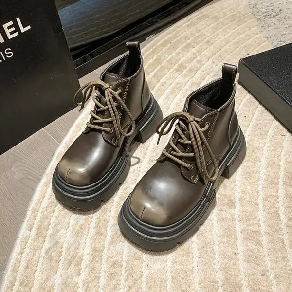 Women’s Lace-Up Ankle Boots – Med Hoof Heel Lolita Rock Round Toe PU Leather Winter Footwear | Solid Rubber Sole, Handmade Classic Street Style - Premium boot from dsers - Just $96.66! Shop now at Lizard Vigilante