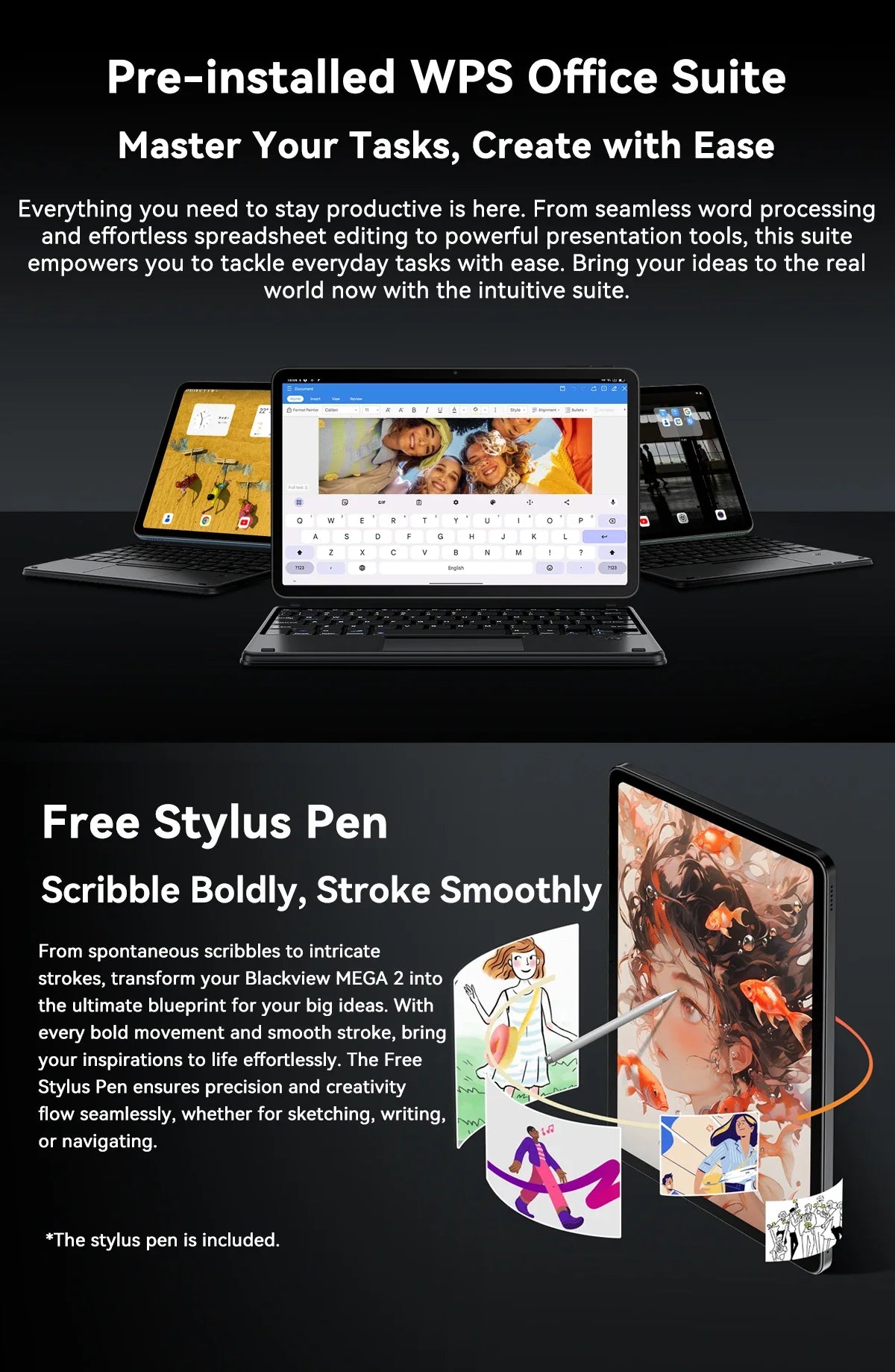 Blackview MEGA 2 Tablets 12 inch 2K Display Widevine L1 24GB(8+16) Android 15 256GB 9000mAh AI Main Camera Pad PC