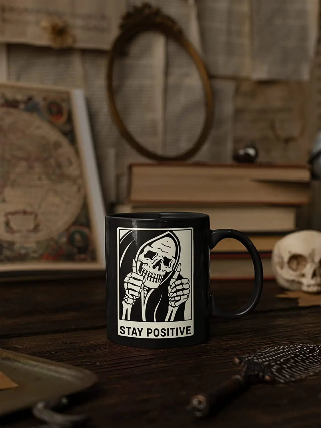 Gothic Funny Skeleton Stay Positive Mug 11oz Gothic Halloween Kitchen Decor Skull Coffee Cup Skull Mug Witchy Satanic Gifts - Premium Ceramic Mugs from Lizard Vigilante - Just $18.99! Shop now at Lizard Vigilante